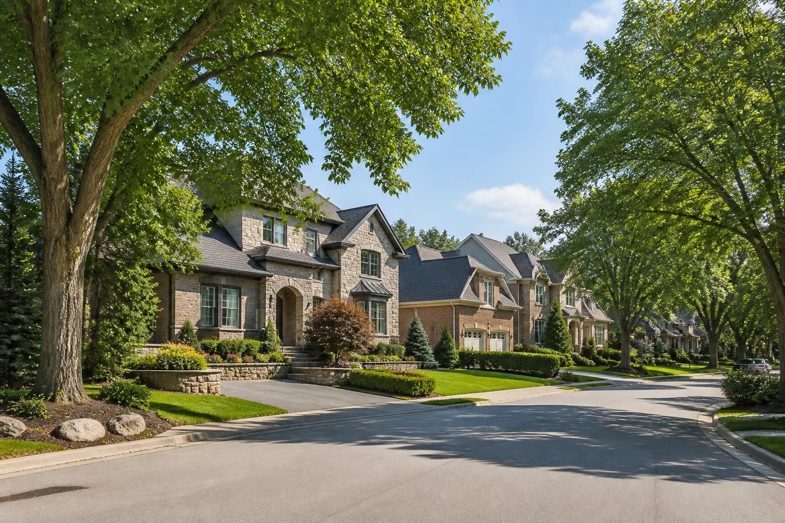 Ancaster neighborhood with refined homes and mature trees.