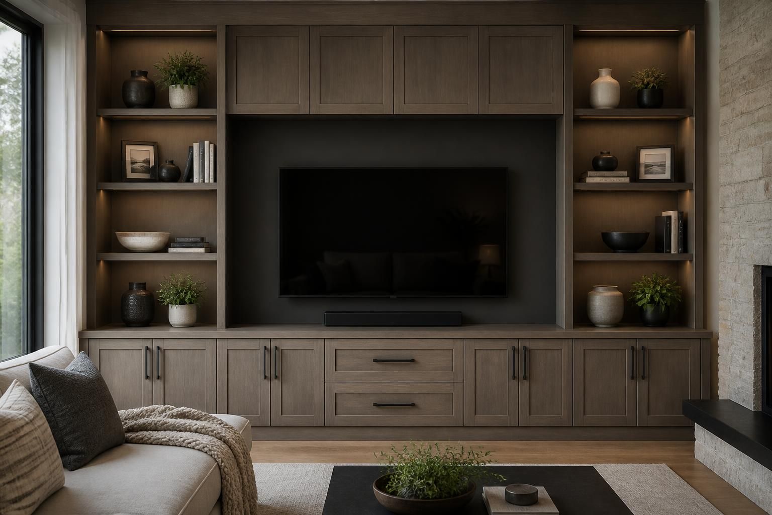 Living room media wall with custom built-in cabinets.