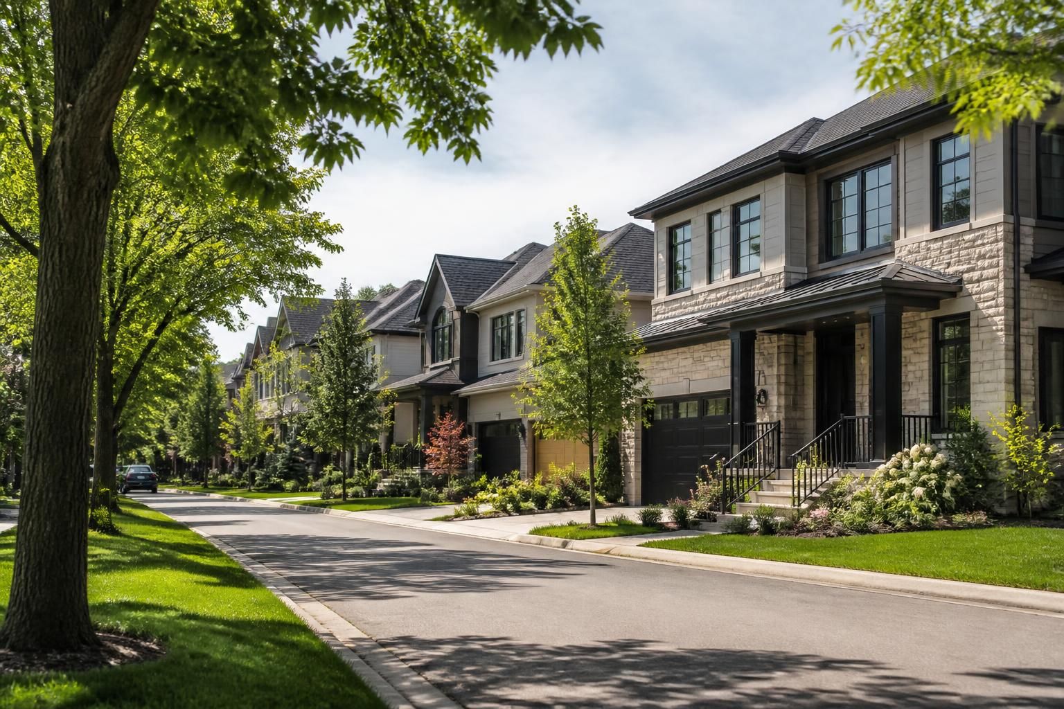 Tree-lined Burlington neighborhood with attractive modern homes.