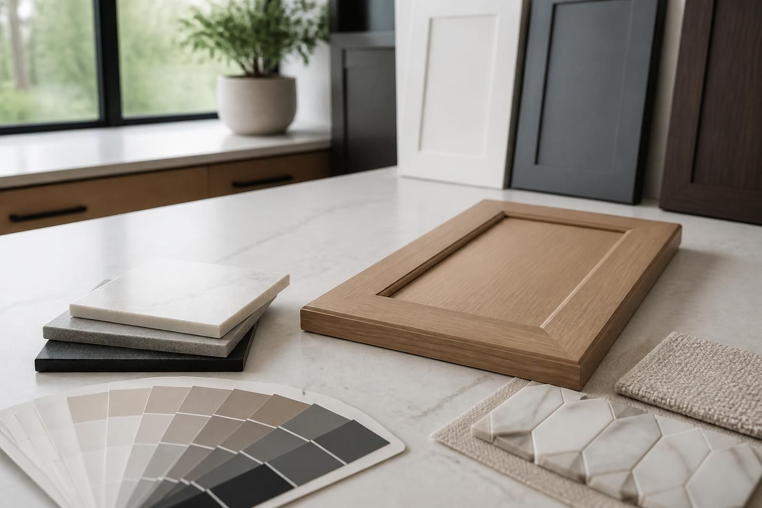 Cabinet material samples and finish swatches on a clean table.