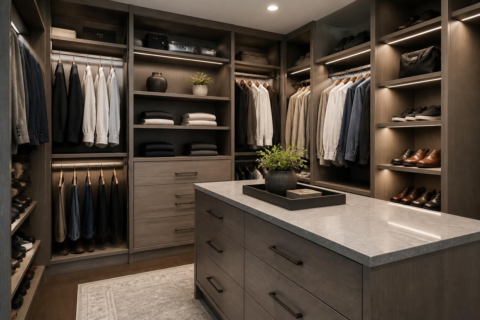 Finished custom walk-in closet with shelving and drawers.