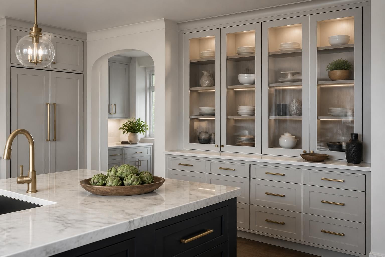 Finished kitchen with custom cabinets and clean hardware.