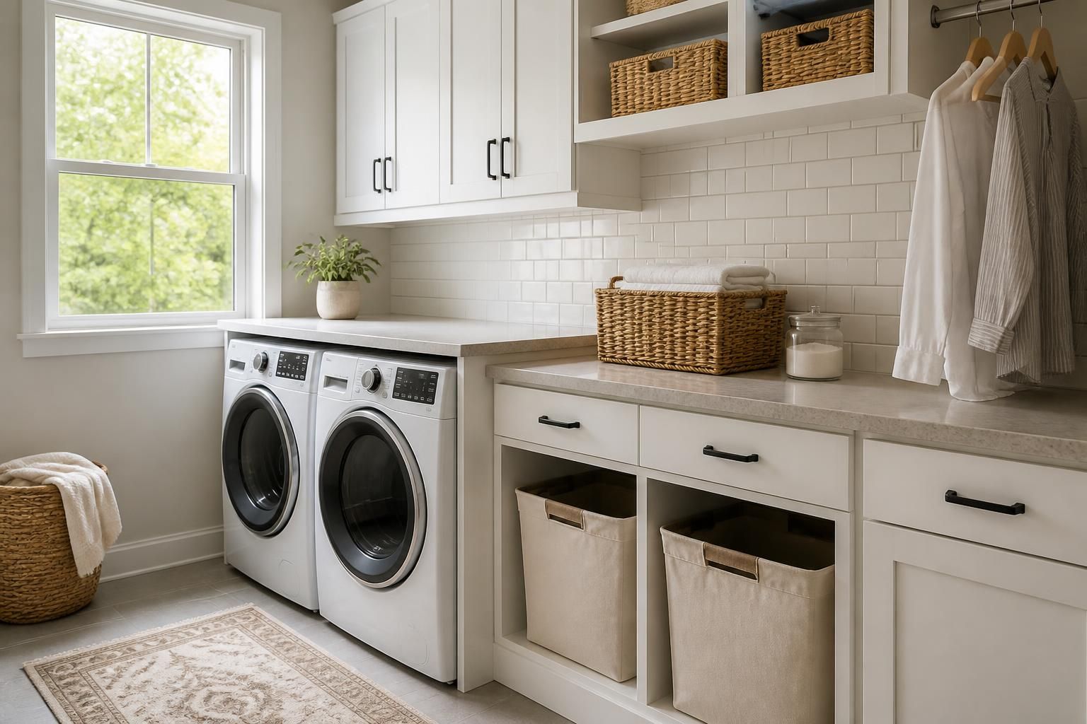 Laundry room with custom cabinets and built-in storage.