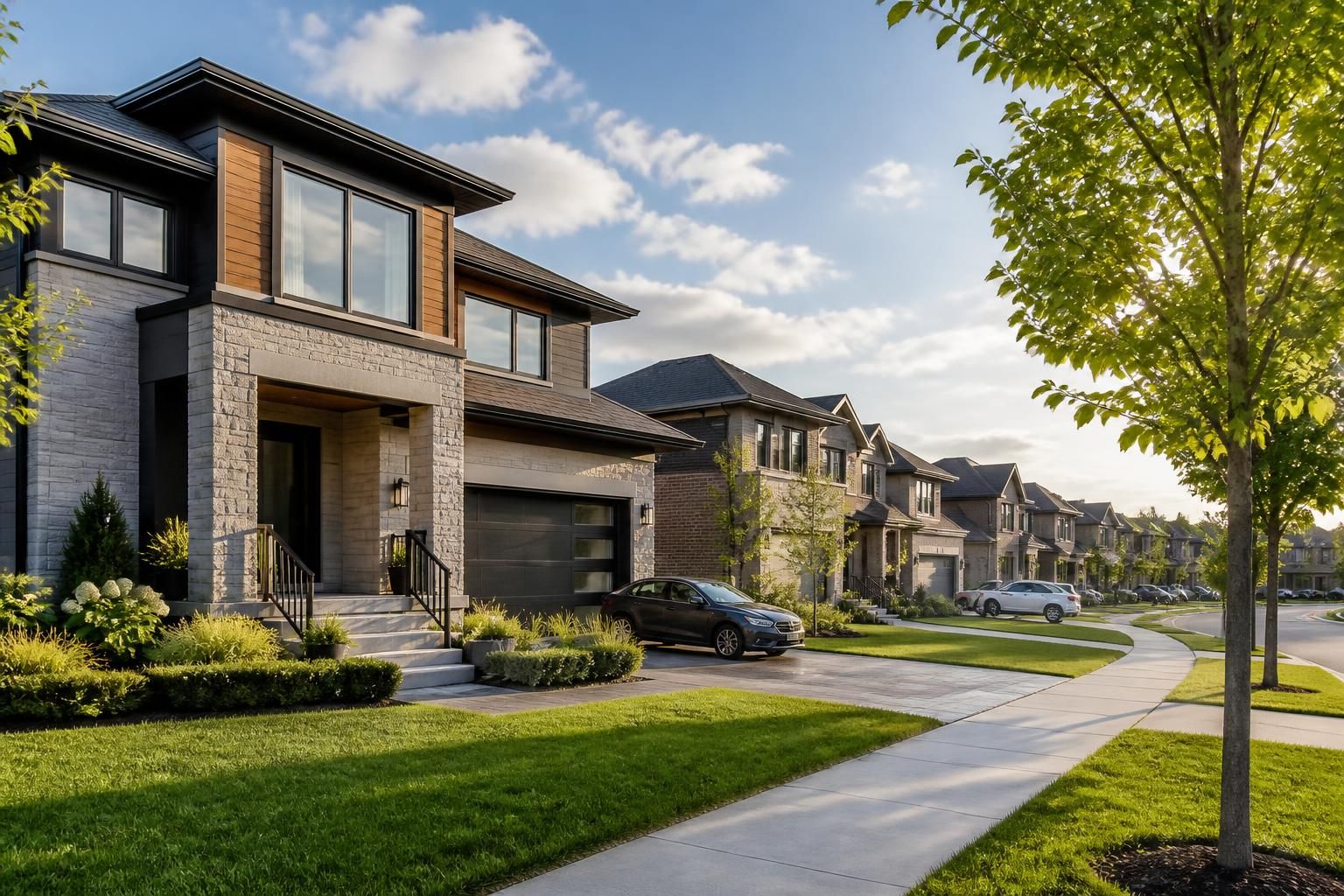 Mississauga suburban street with contemporary homes.