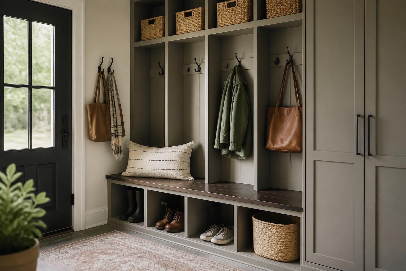 Mudroom with custom cabinets and organized storage cubbies.