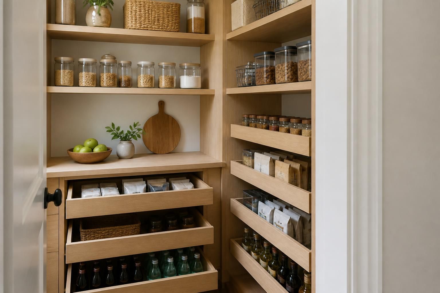 Finished pantry with custom shelving and organized storage.